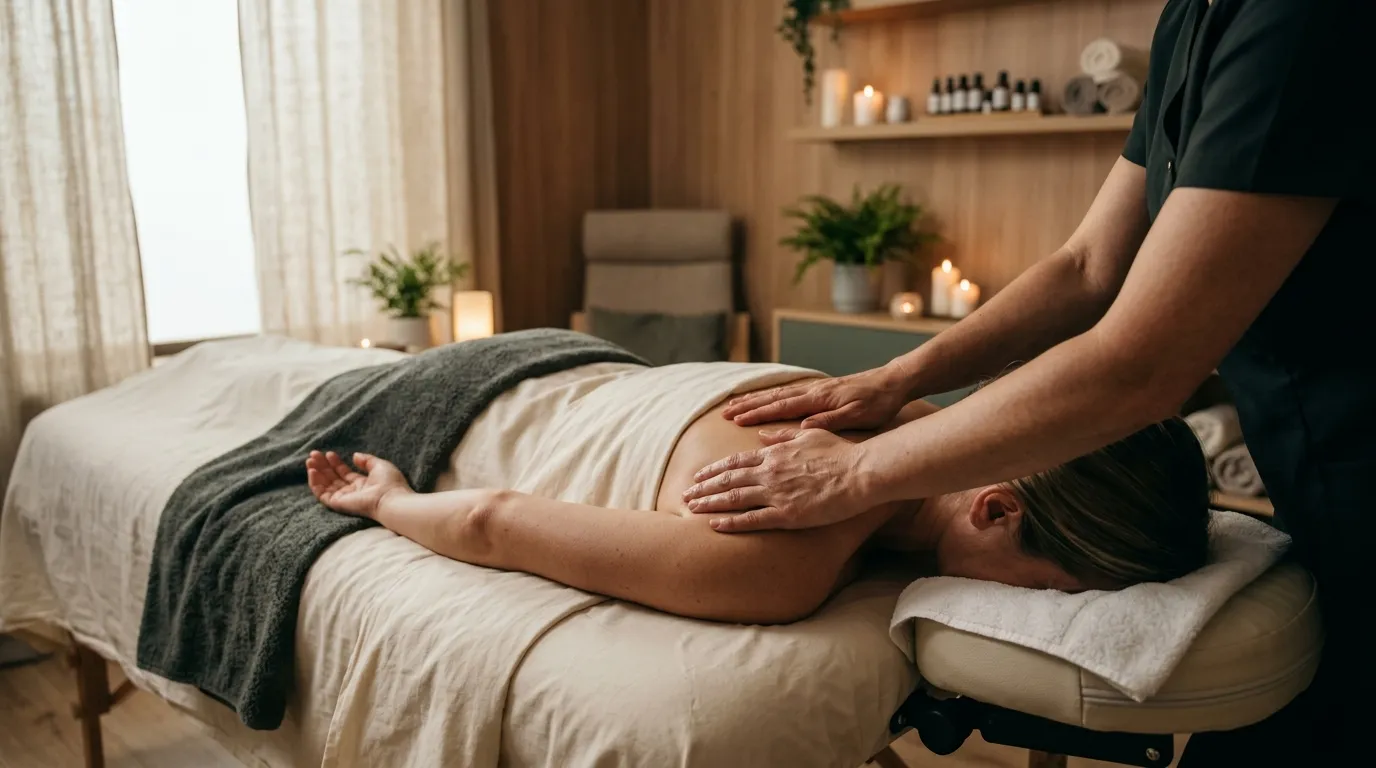 Klidná atmosféra masážního salonu MK Kyjov, detail masáže zad